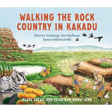 'Walking the Rock Country in Kakadu' book cover featuring an illustration of marsupials and insects hanging on rocks and grass in a country setting.