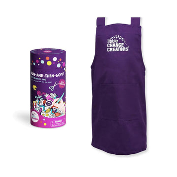 A purple apron is next to a round cylinder purple container.