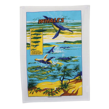 Tea towel with whale illustration and educational graphic on a white background.