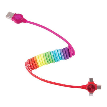 A rainbow coloured mobile phone charging cable with three connections on one end and a USB connection on the other.