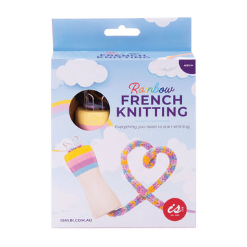 A blue box titled 'Rainbow French Knitting' with a photo of a knitted rope in the shape of a heart.