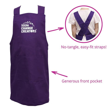 A purple apron is next to a round cylinder purple container.