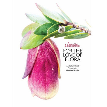 'For the Love of Flora' book cover featuring a photo of a pink flower hanging off a branch with leaves.
