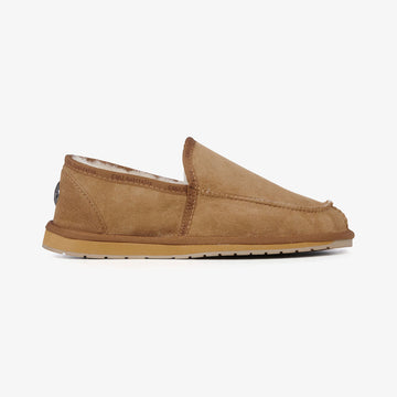 Brown slip-on enclosed slipper on a white background.