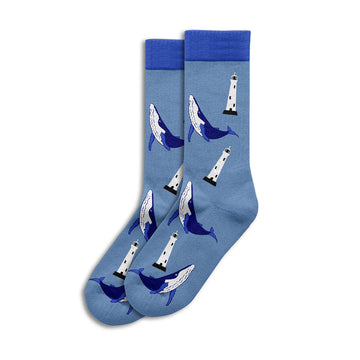 Blue socks with whale and lighthouse design on a white background.