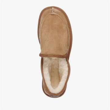 Brown slip-on enclosed slipper on a white background.