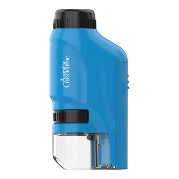 A blue pocket microscope with Australian Geographic branding.