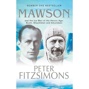 Book cover of 'Mawson' by Peter FitzSimons featuring two men in polar gear against a blue background.