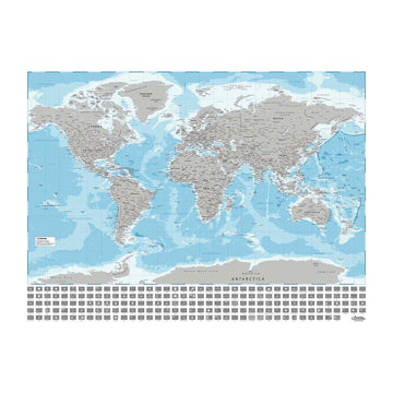 A map of the world in grey ready to be scratched to reveal colour.