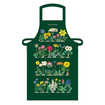 Green apron with floral designs on a white background.