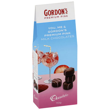 Box of Gordon's Premium Pink milk chocolates with a cocktail illustration on a white background.