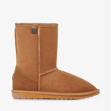 Brown sheepskin boot on a white background.