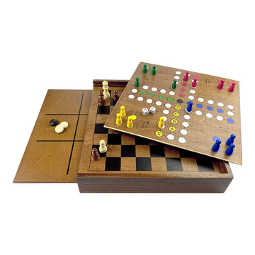 A wooden board game set with interchangeable boards to change the game.