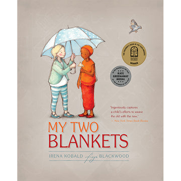 'My Two Blankets' book cover featuring an illustration of two girls standing under an umbrella.