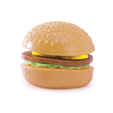 A squishy toy in the shape of a hamburger.