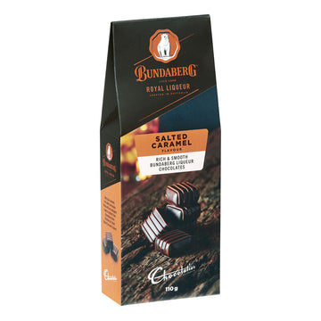 Bundaberg Salted Caramel Liqueur Chocolates packaging on a white background.