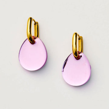 Pair of pink teardrop earrings with gold hoop backs on a light gray background.