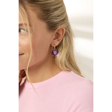 Pair of pink teardrop earrings with gold hoop backs on a light gray background.