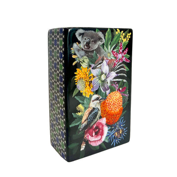 A rectangle ceramic vase illustrated with a koala, kookaburra and flowers on the front with a geometric side panel.