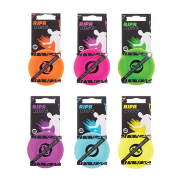 Six different coloured disks attached to an information card.