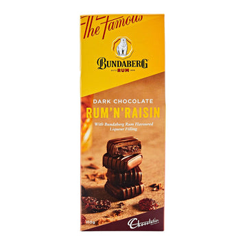Bundaberg Rum 'N' Raisin chocolate packaging on a white background.