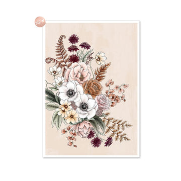An art print with an illustration of a bouquet of flowers on a beige background.