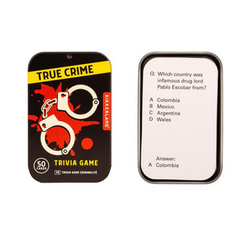 A trivia card game titled 'True Crime' with n illustration of hand cuffs on the tin box. There is an example card next to the tin.