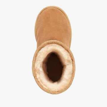 Brown sheepskin boot on a white background.
