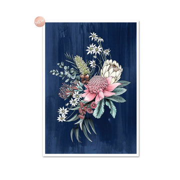 An illustrated bouquet of flowers on a navy background.