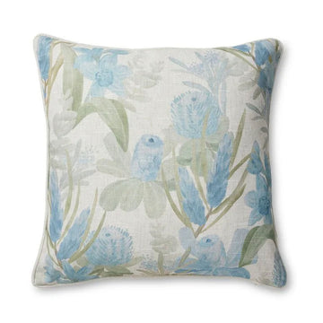 An image of a cushion with a white background and a blue floral print.
