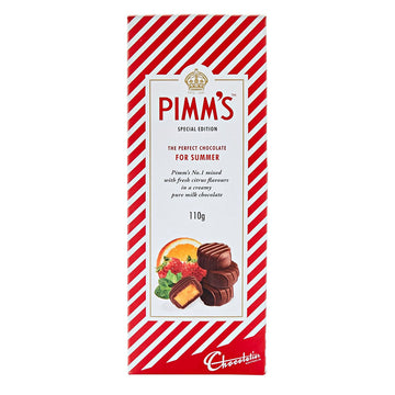 Pimm's chocolate bar packaging with red and white striped design on a white background.