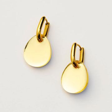 Pair of gold hoop earrings on a light gray background.