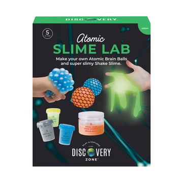 A box titled 'Atomic Slime Lab' with images of coloured slime being squeezed and held and in pots.