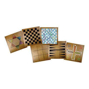 A wooden board game set with interchangeable boards to change the game.