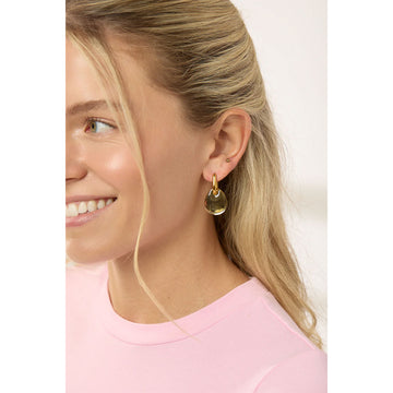 Pair of gold hoop earrings on a light gray background.