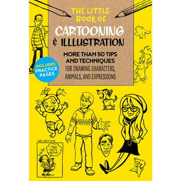 'The Little Book of Cartooning & Illustration' book cover featuring illustrations of people on a yellow background.
