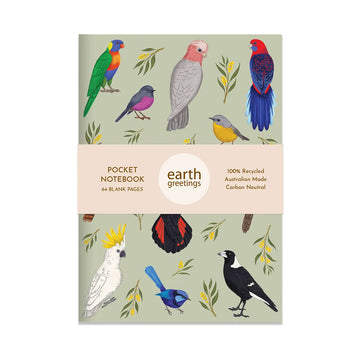 Pocket notebook with bird illustrations on a light green background.