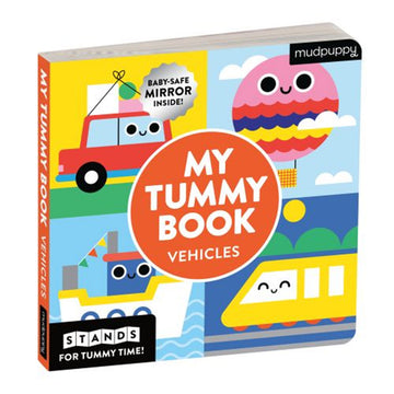 'My Tummy Book Vehicles' book cover featuring an illustratin of different vehicles including a car, boat, train and hot air balloon.