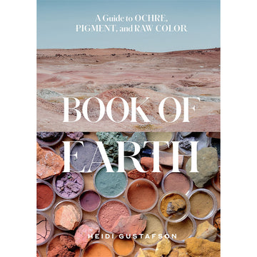 'Book of Earth' book cover featuring two photos. The top half is a photo of rocky land and the bottom half is a photo of coloured rocks and dust in pots.