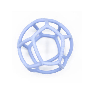 A ball shaped silicone toy with a web like design in light blue.