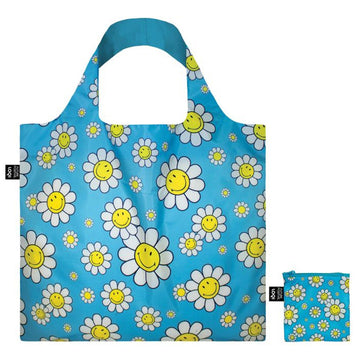 A blue reusable shopping bag illustrated with smiling daisy flowers next to a matching pouch.