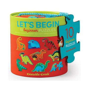 A short round container titled 'Let's Begin' with images of ten dinosaur shaped puzzles inside.