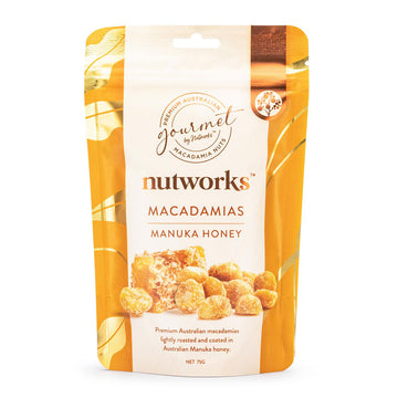 Packaging of Nutworks Macadamias Manuka Honey on a white background.