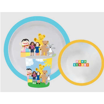 A set of a bowl, plate and tumbler illustrated with characters from playschool. 