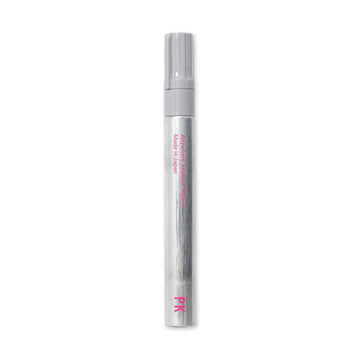 A thick silver marker with pink text on it.