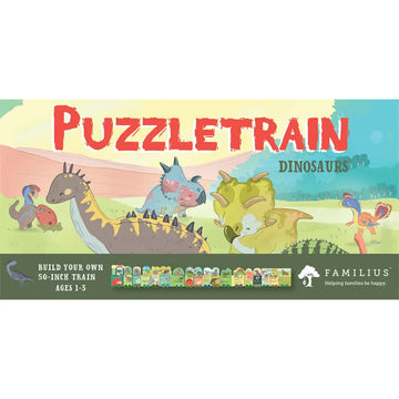A box titled 'PuzzleTrain Dinosaurs' with illustrations of dinosaurs and a small picture of a completed puzzle with the pieces making a train shape.
