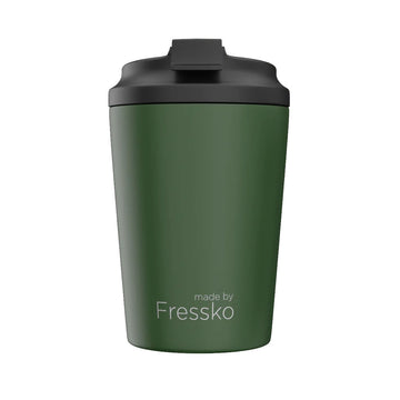 A ceramic travel mug in khaki green with a black lid.