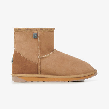 Tan sheepskin slipper boot on a white background.