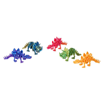 Five 3D printed dinosaur toys pictured in different colours.
