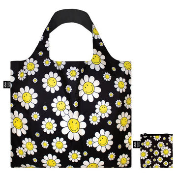 A black reusable shopping bag illustrated with smiling daisy flowers next to a matching pouch.